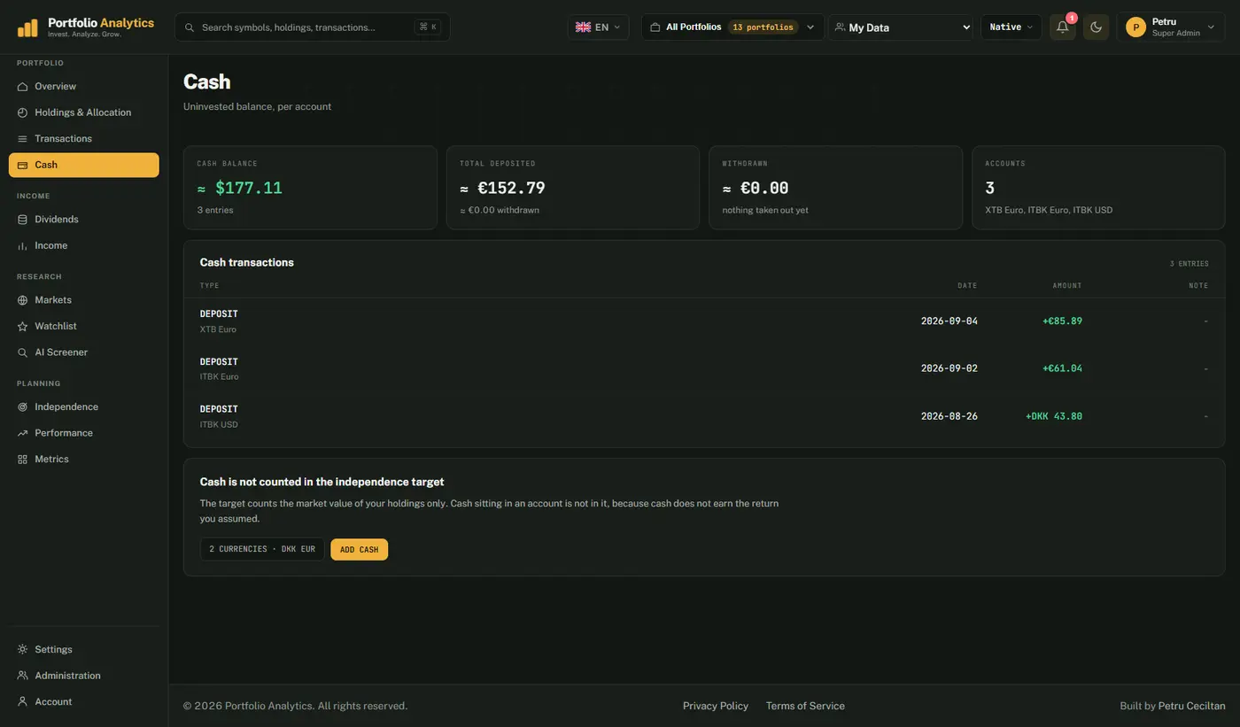 Cash: cash balance, total deposited, withdrawn and accounts tiles, and the list of deposits and withdrawals for each portfolio