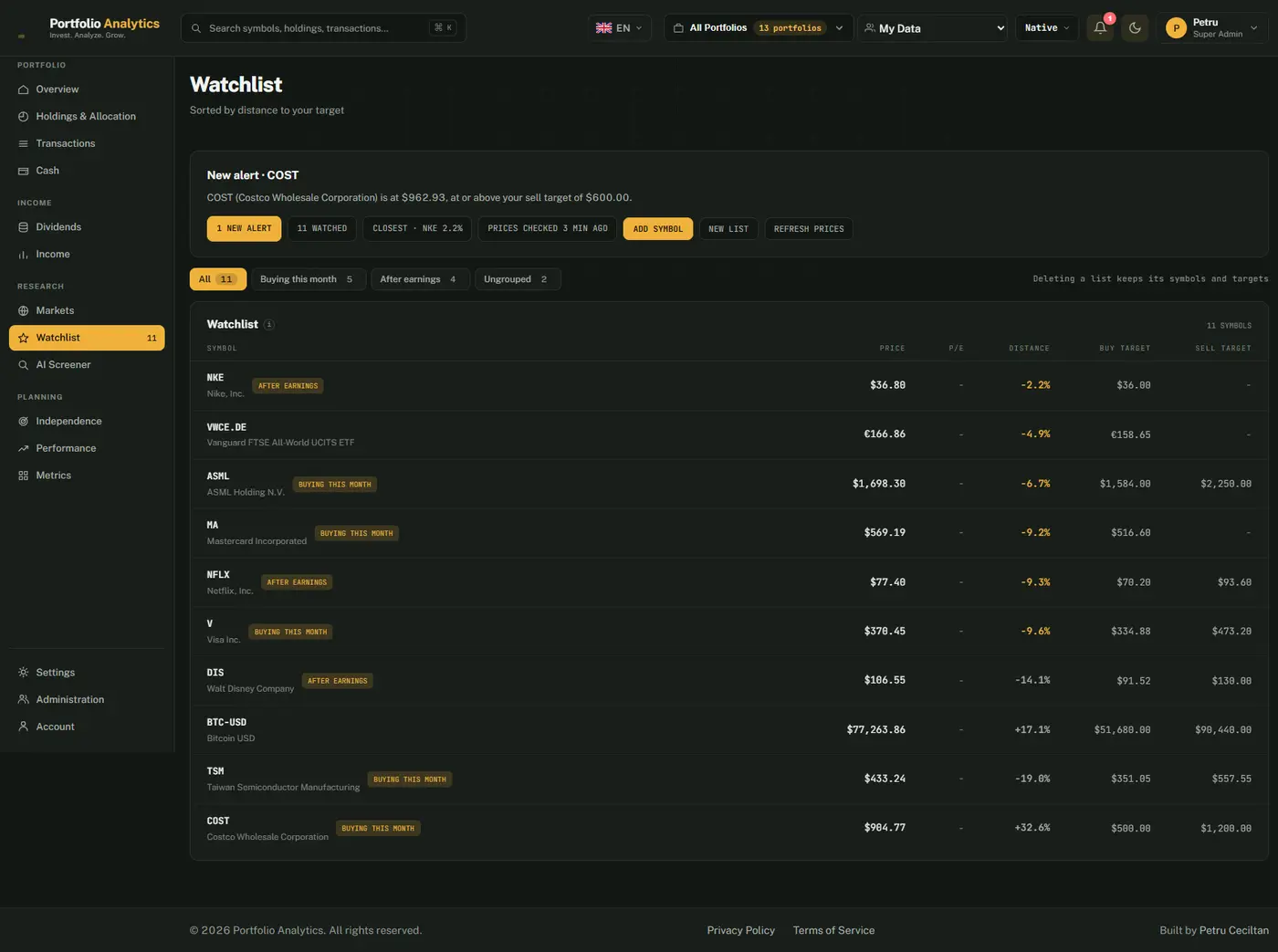 Watchlist: the latest price alert with the watchlist's actions, named list chips, and every symbol with its price, P/E, distance to target, and buy and sell targets