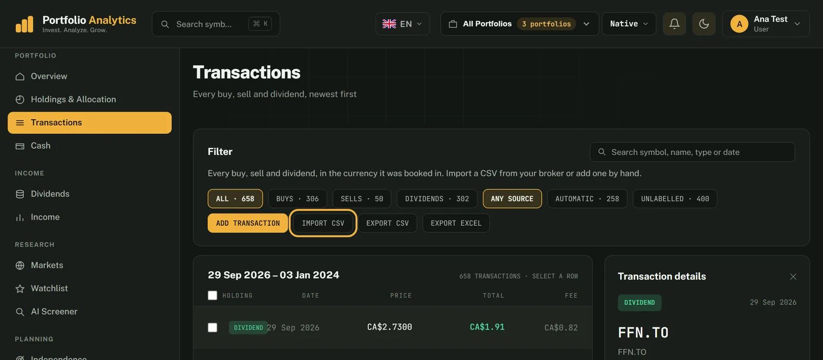 The Transactions page of Portfolio Analytics, with the Import CSV button marked